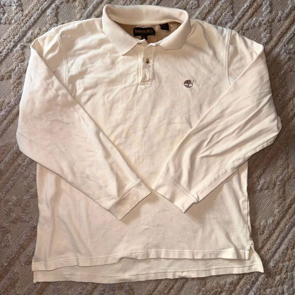 Vintage 2003 Timberland Heavyweight Long Sleeve Polo Shirt Cream XL